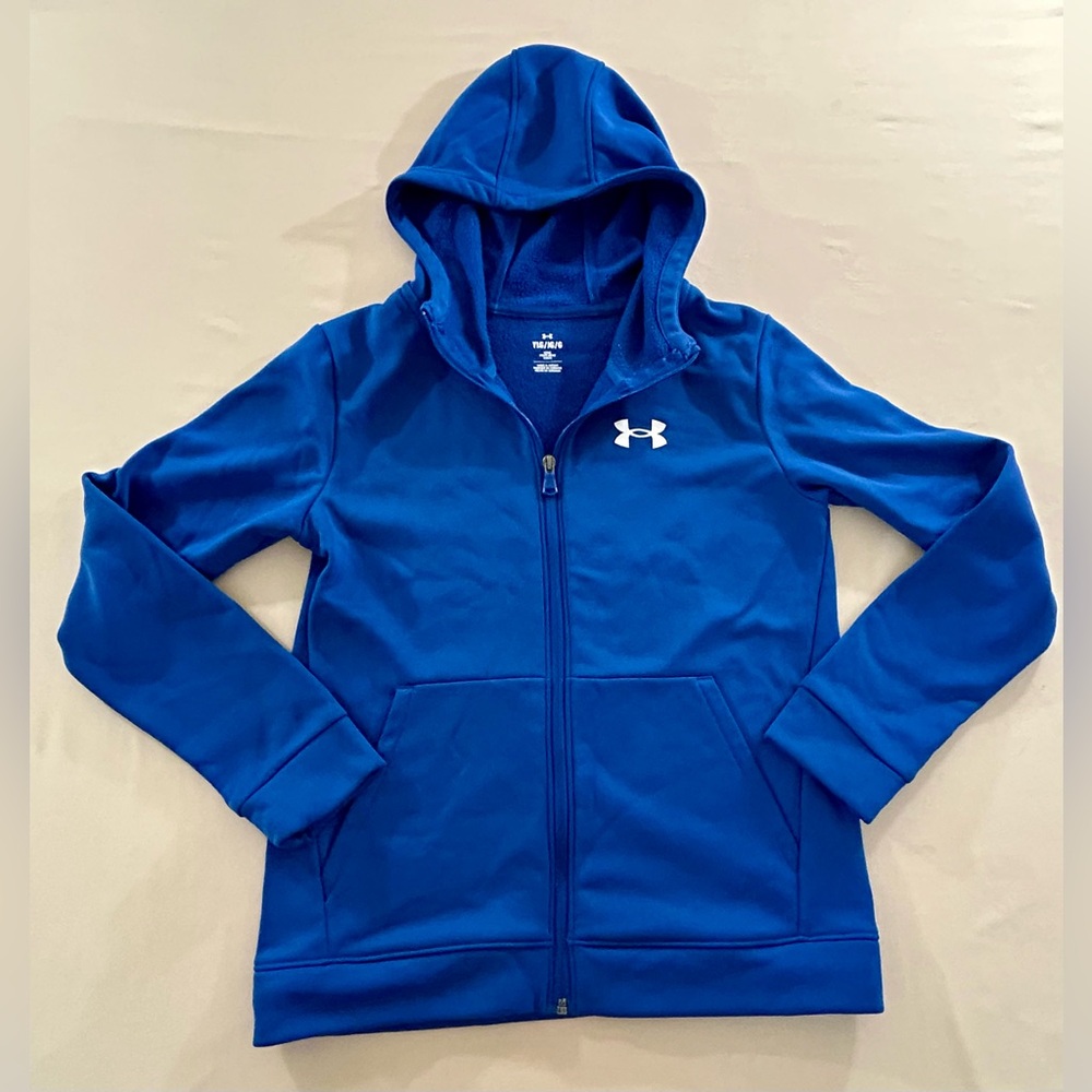 Under Armour Youth Boys Armour Fleece Blue Full-Zip Hoodie White Logo Size YLG